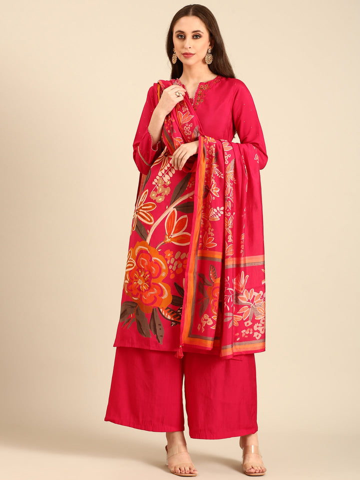 Neerus Pink shantoon hand embroidered suit set - front view