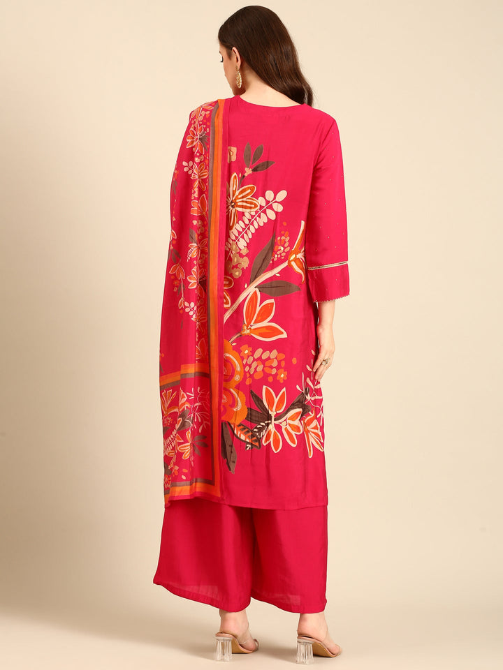 Rani Floral printed hand embroidered three piece palazzo set