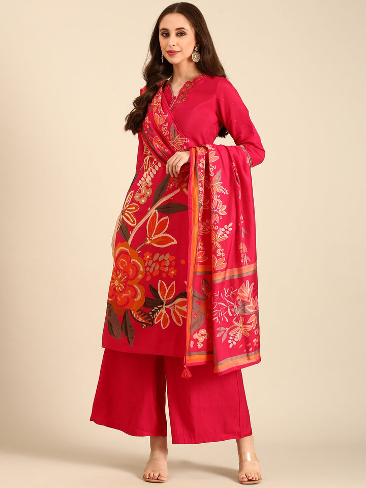 Rani Floral printed hand embroidered three piece palazzo set