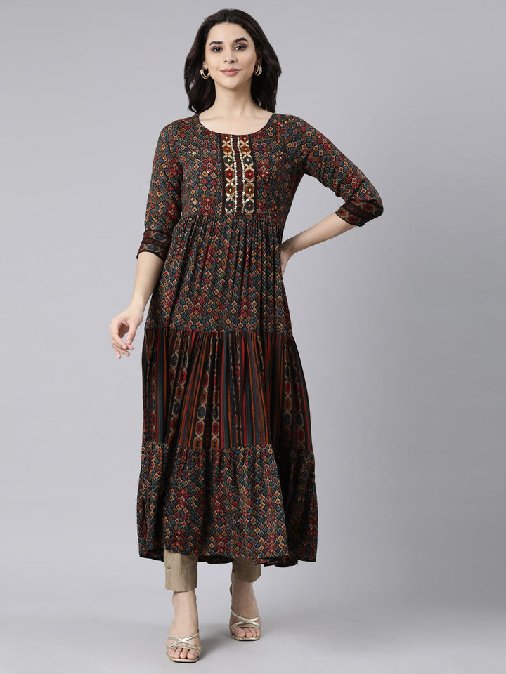 Neerus Multi rayon printed flared dress - front view