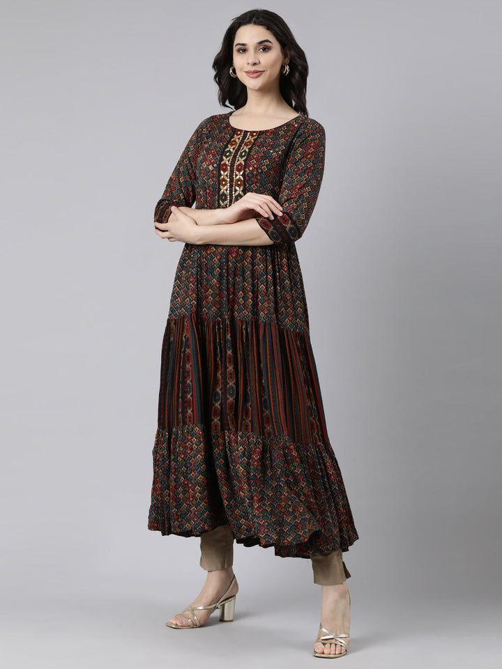 Neerus Multi rayon printed flared dress - back view