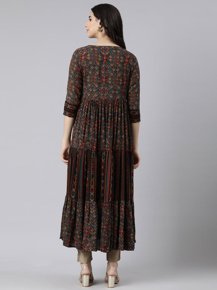 Neerus Multi rayon printed flared dress - side view