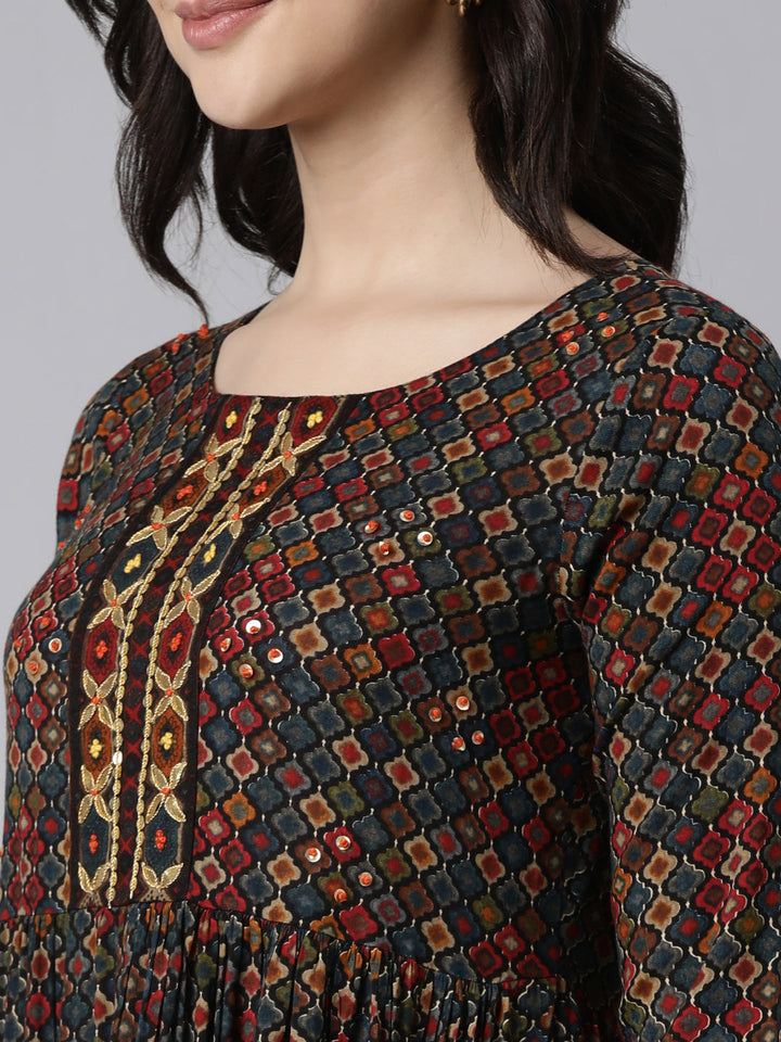 Neerus Multi rayon printed flared dress - detail view 1