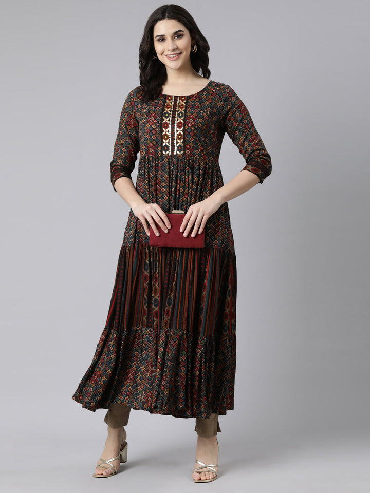Neerus Multi rayon printed flared dress - detail view 2