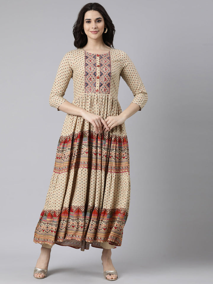 Neerus Beige rayon printed flared dress - front view
