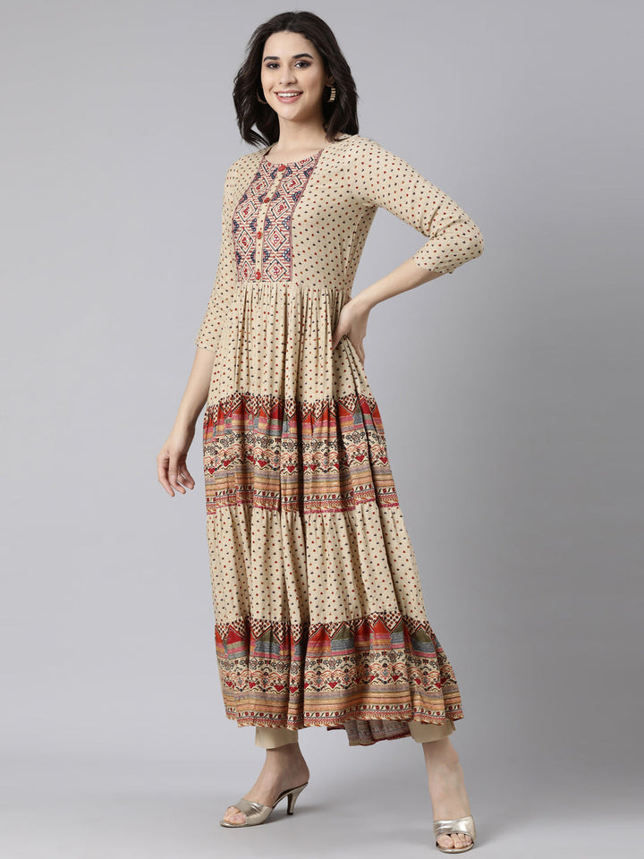 Neerus Beige rayon printed flared dress - back view