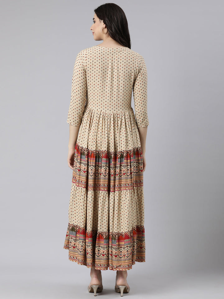 Neerus Beige rayon printed flared dress - side view