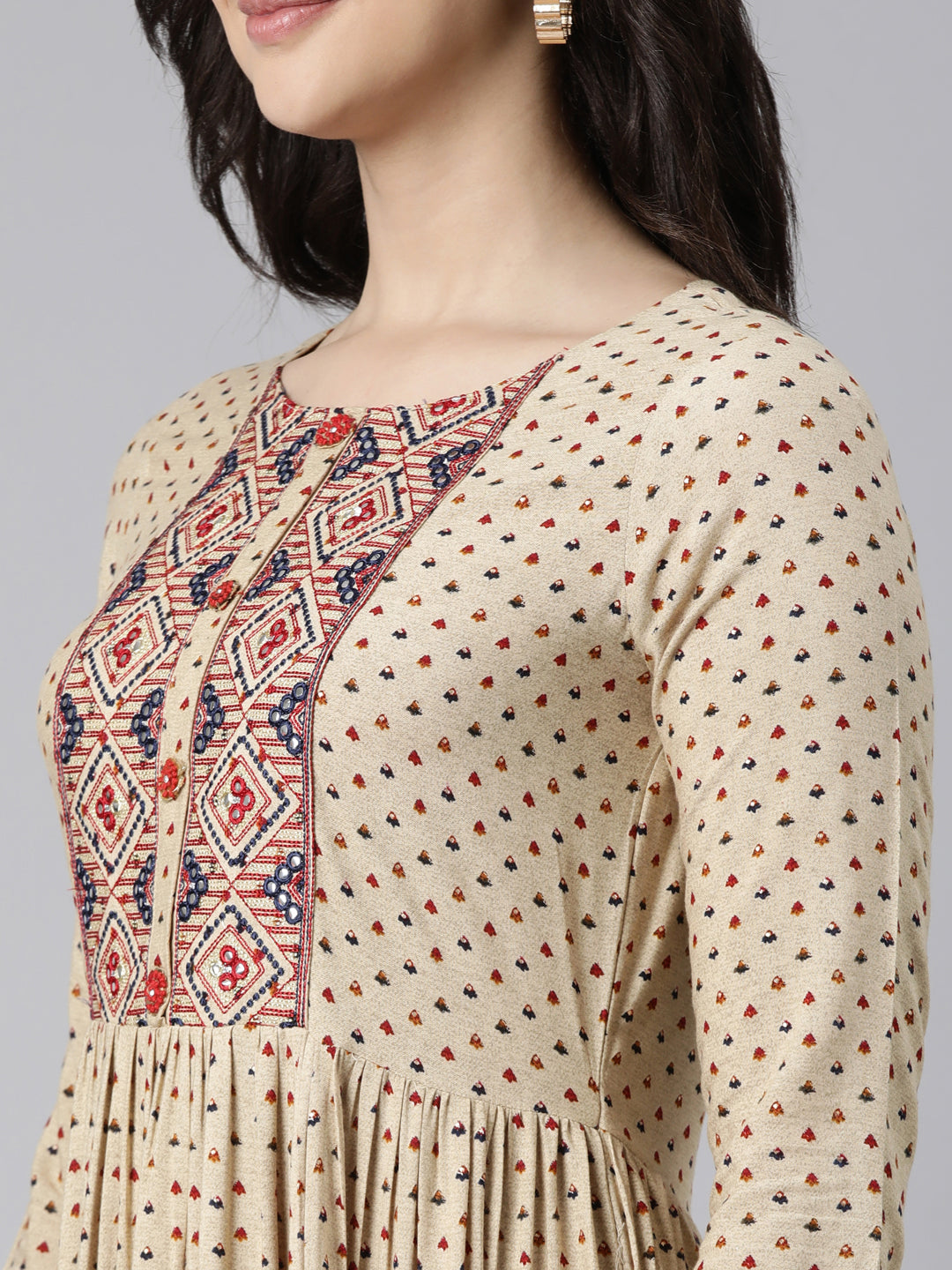Neerus Beige rayon printed flared dress - detail view 1