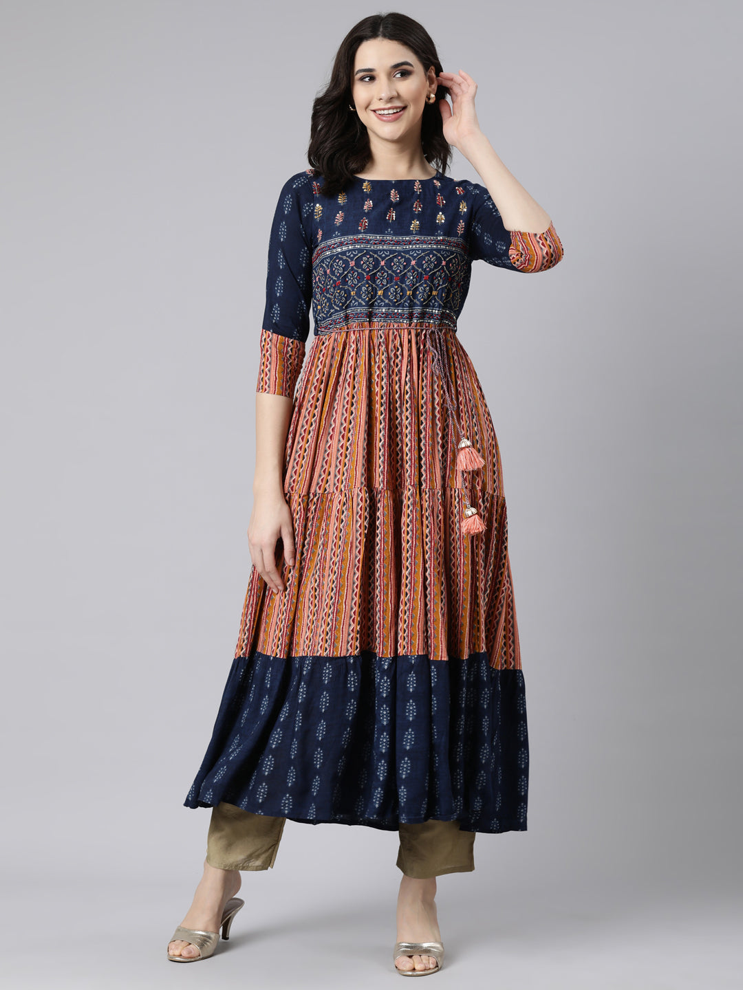 Neerus Blue Rayon Printed Flared Maxi Dress - front view