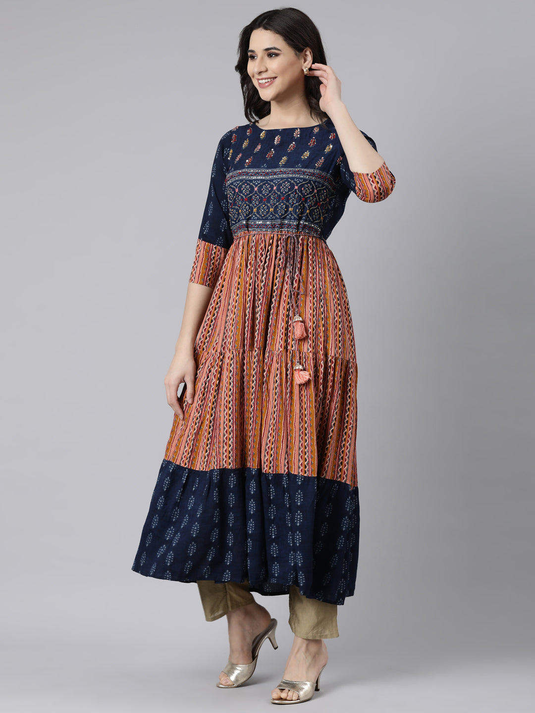 Neerus Blue Rayon Printed Flared Maxi Dress - back view
