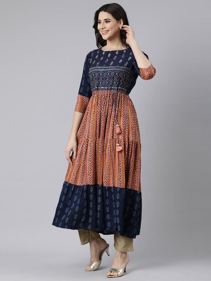 Neerus Blue Rayon Printed Flared Maxi Dress - back view