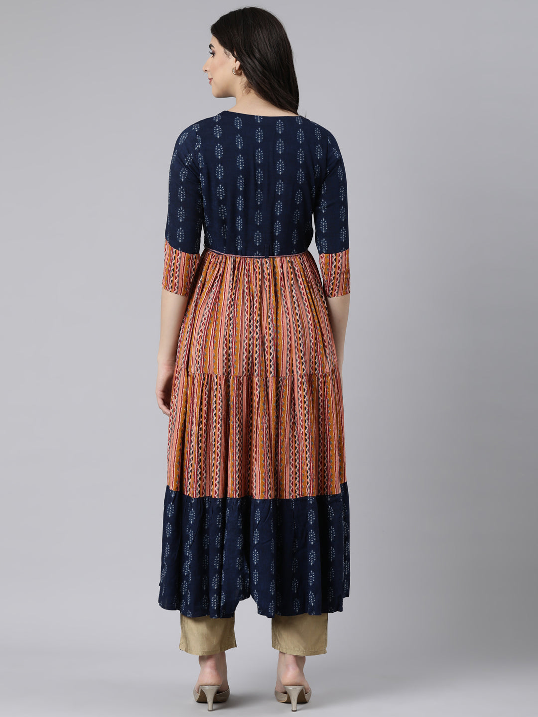 Neerus Blue Rayon Printed Flared Maxi Dress - side view