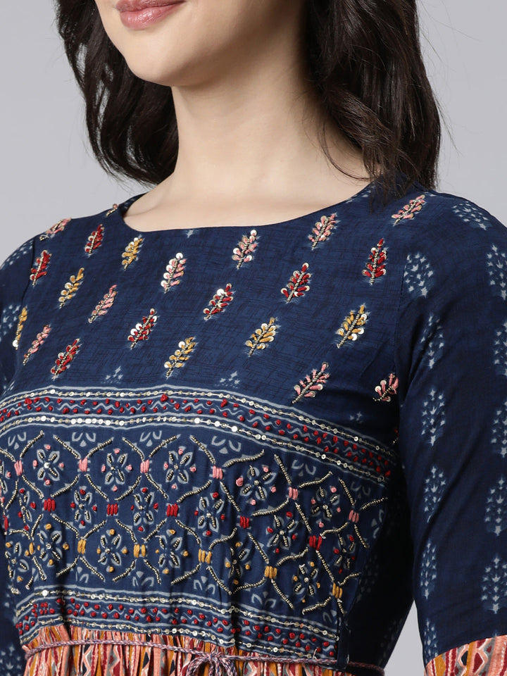Neerus Blue Rayon Printed Flared Maxi Dress - detail view 1