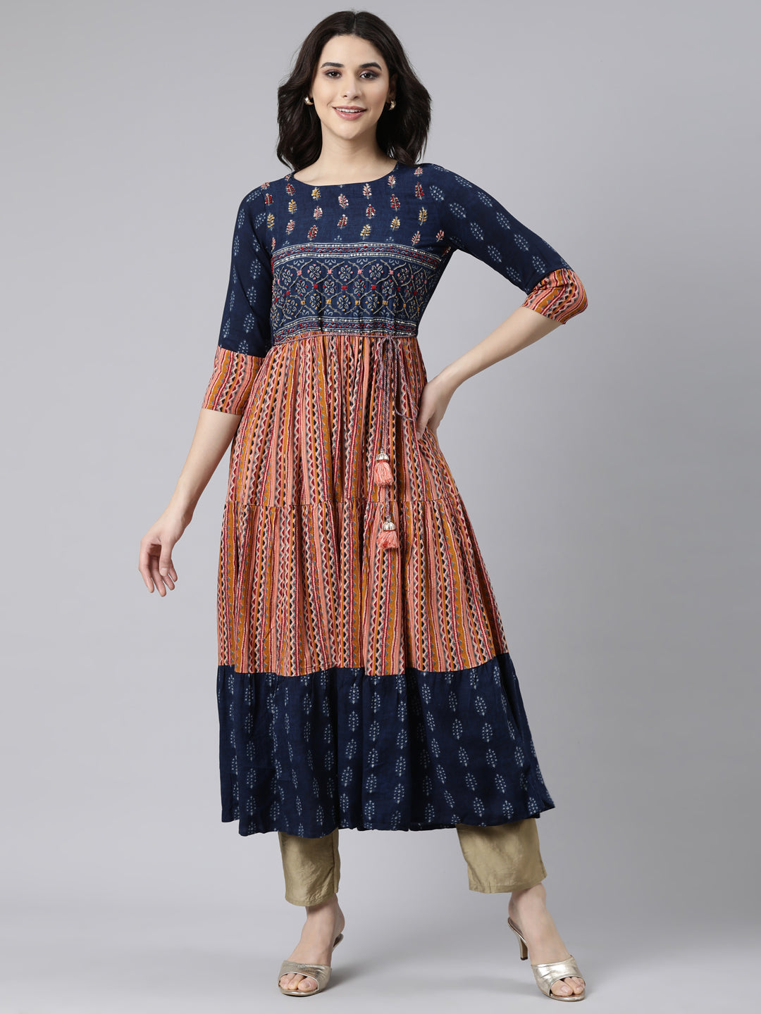 Neerus Blue Rayon Printed Flared Maxi Dress - detail view 2