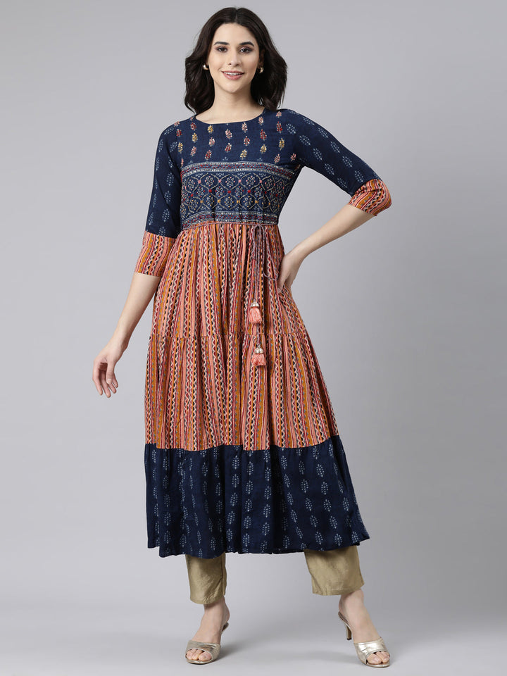 Neerus Blue Rayon Printed Flared Maxi Dress - detail view 2