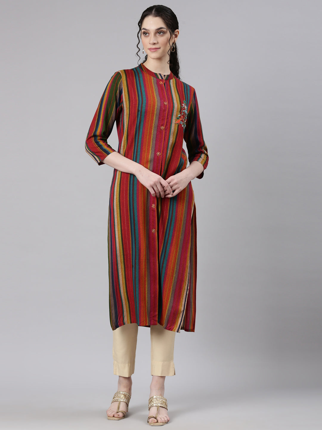 Neerus Multi striped printed straight kurti - front view