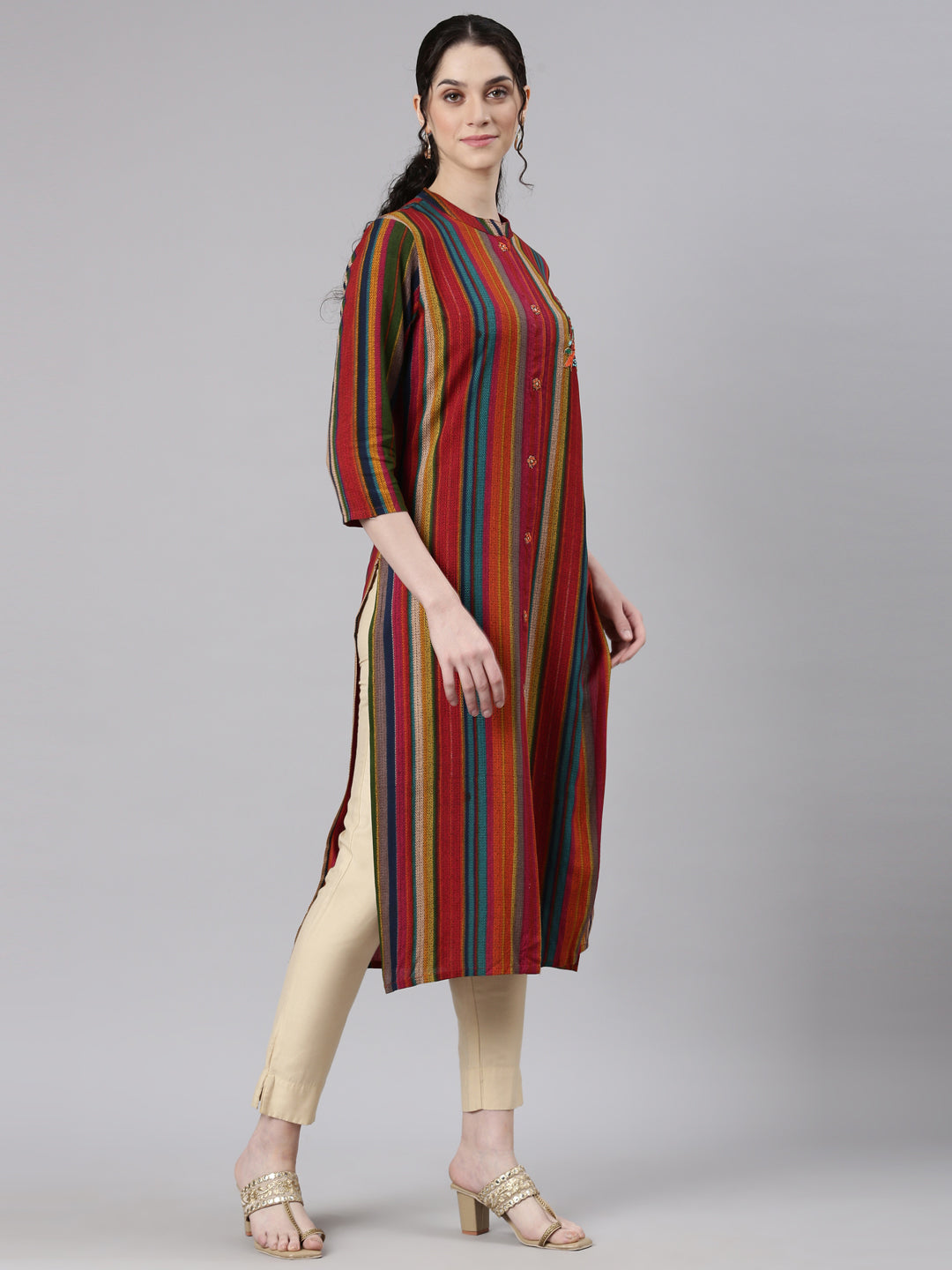 Neerus Multi striped printed straight kurti - side view