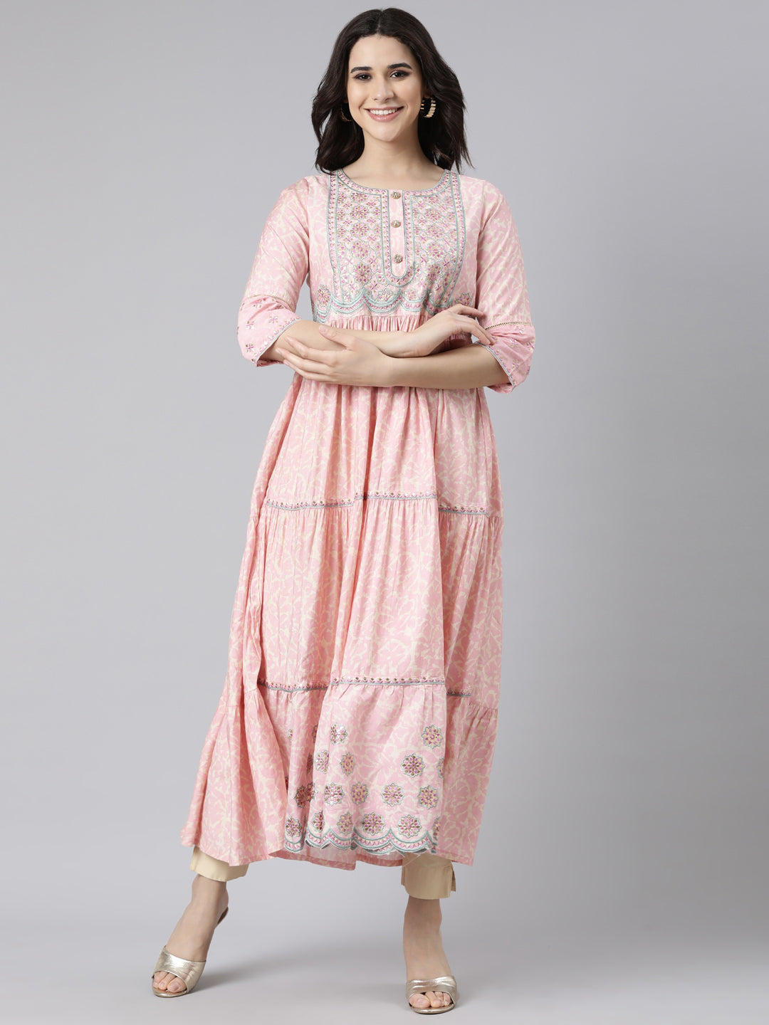 Neerus Pink floral printed flared maxi dress - front view