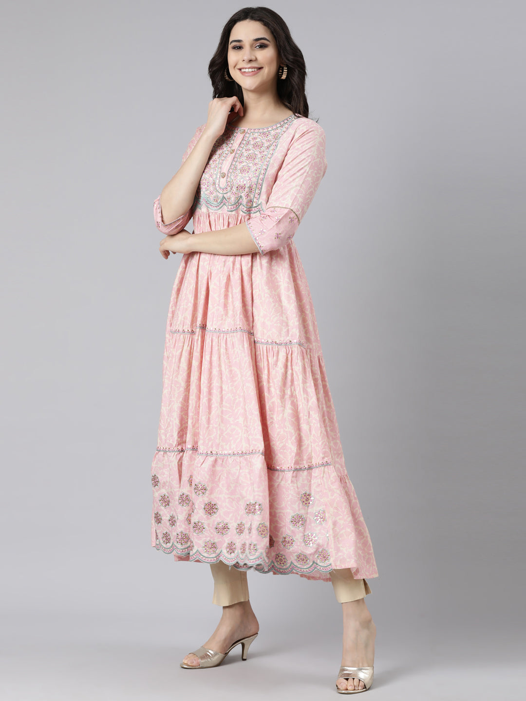Neerus Pink floral printed flared maxi dress - back view