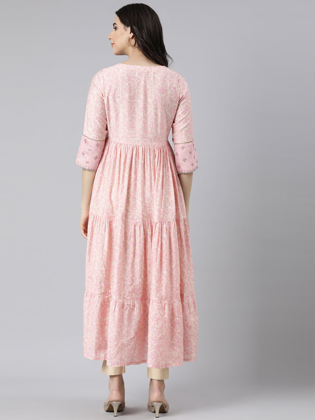 Neerus Pink floral printed flared maxi dress - side view
