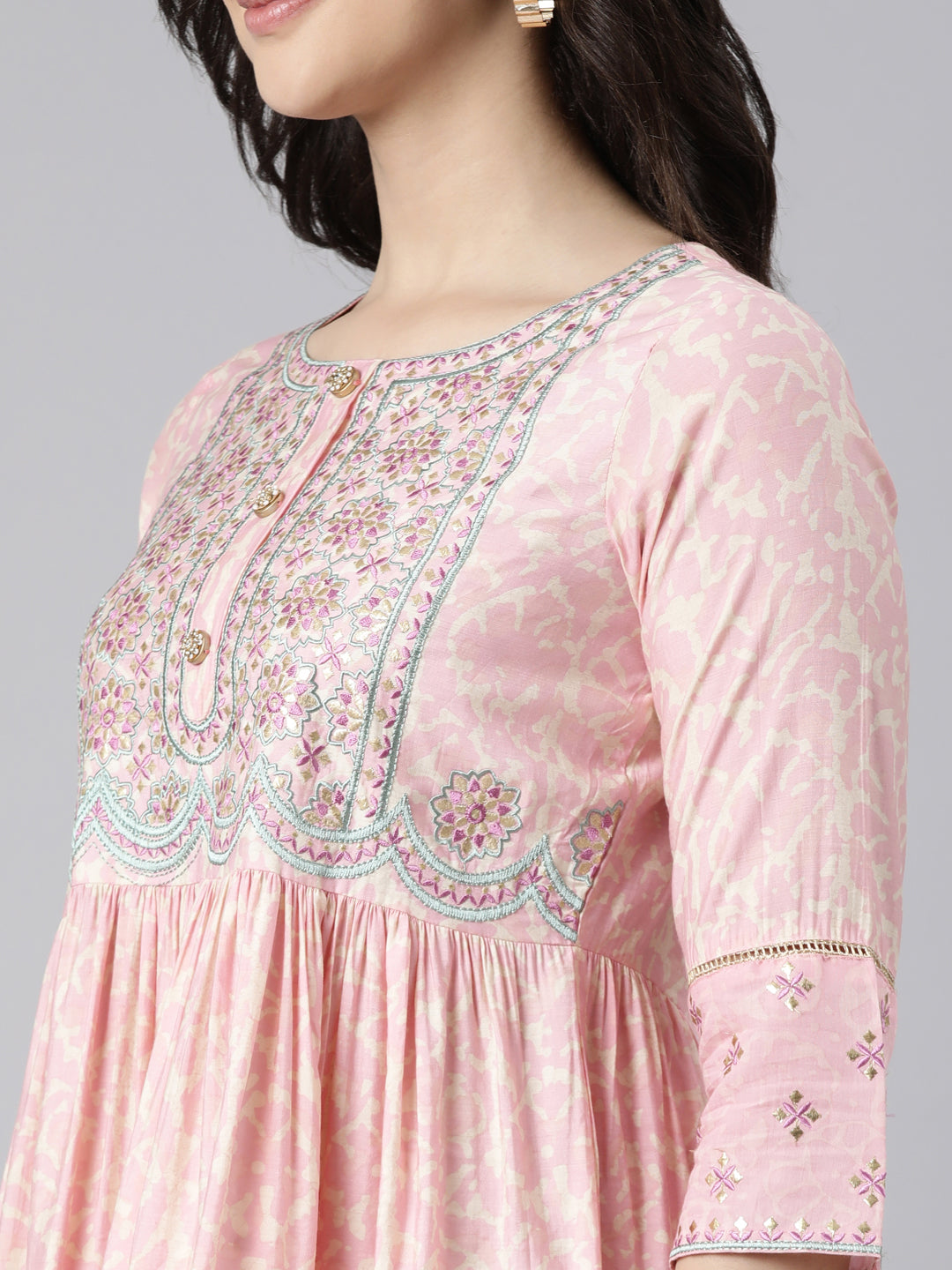 Neerus Pink floral printed flared maxi dress - detail view 1