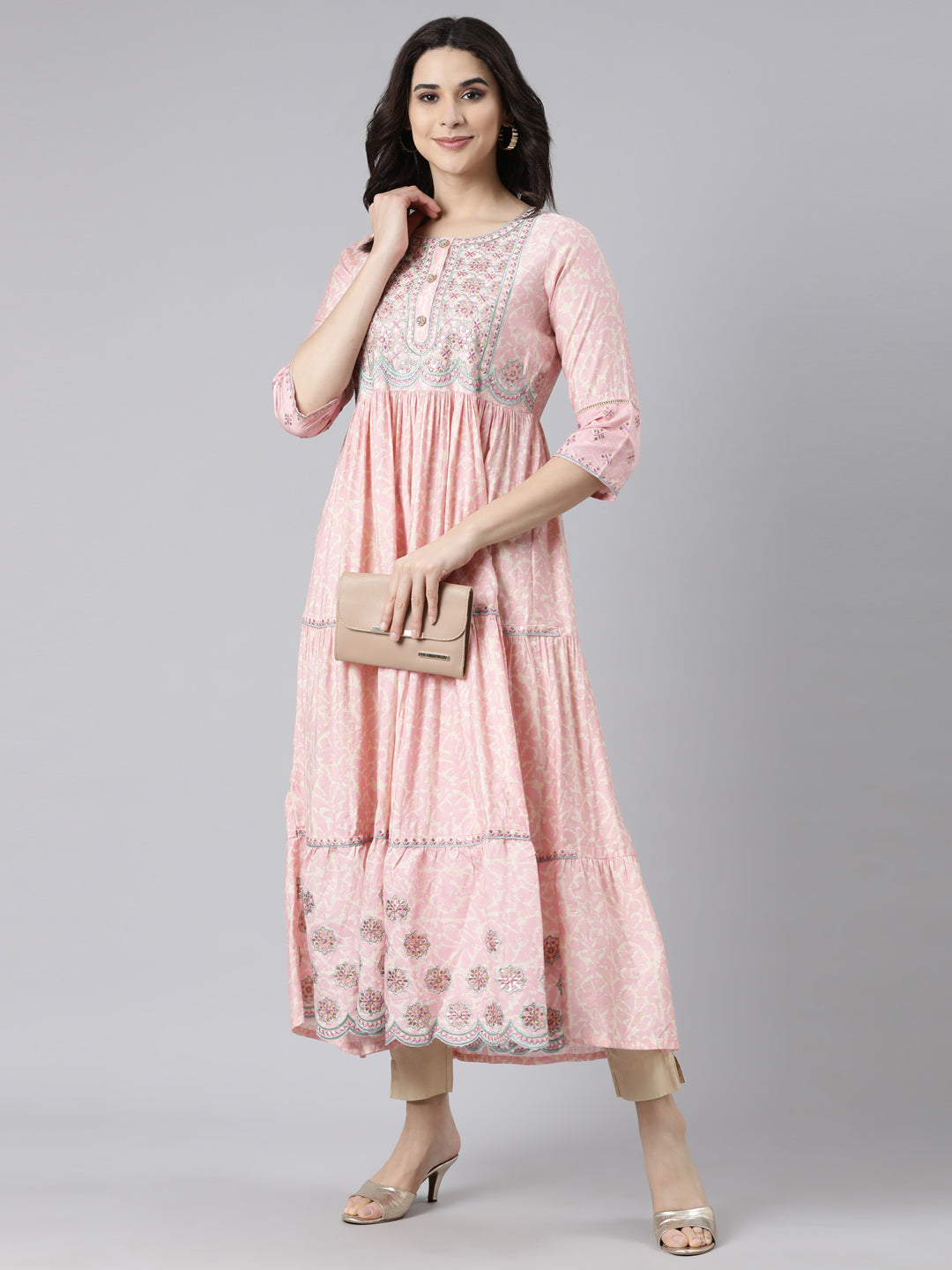 Neerus Pink floral printed flared maxi dress - detail view 2