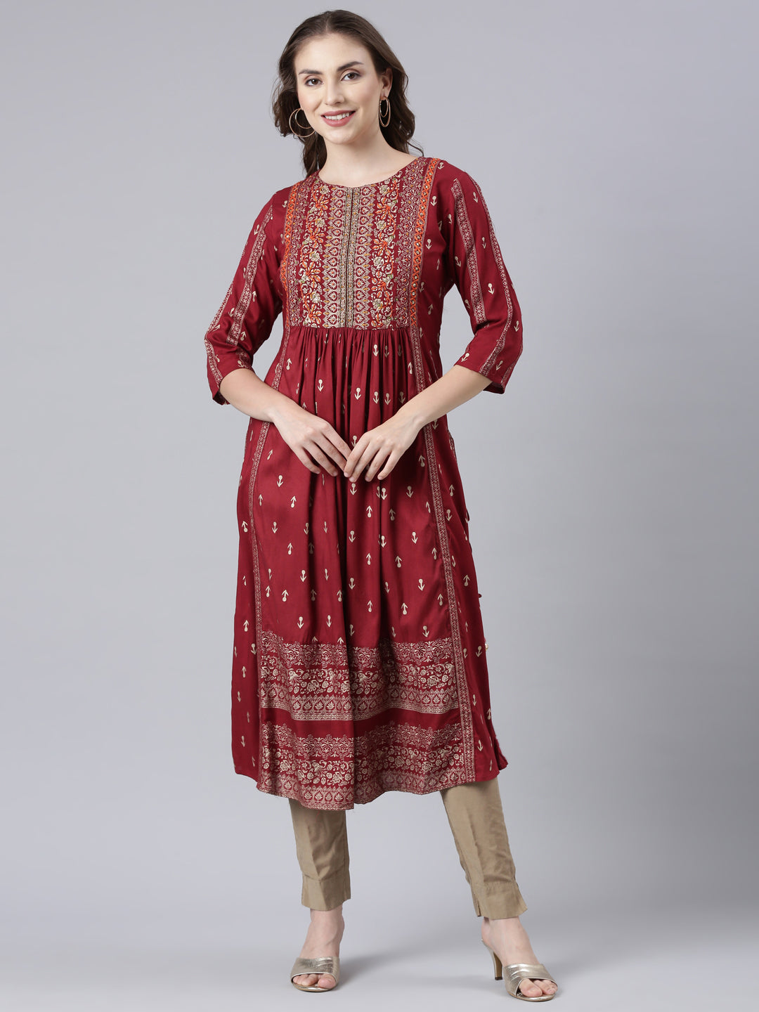 Neerus Maroon printed floral straight kurta - front view