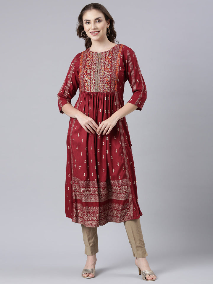 Neerus Maroon printed floral straight kurta - front view