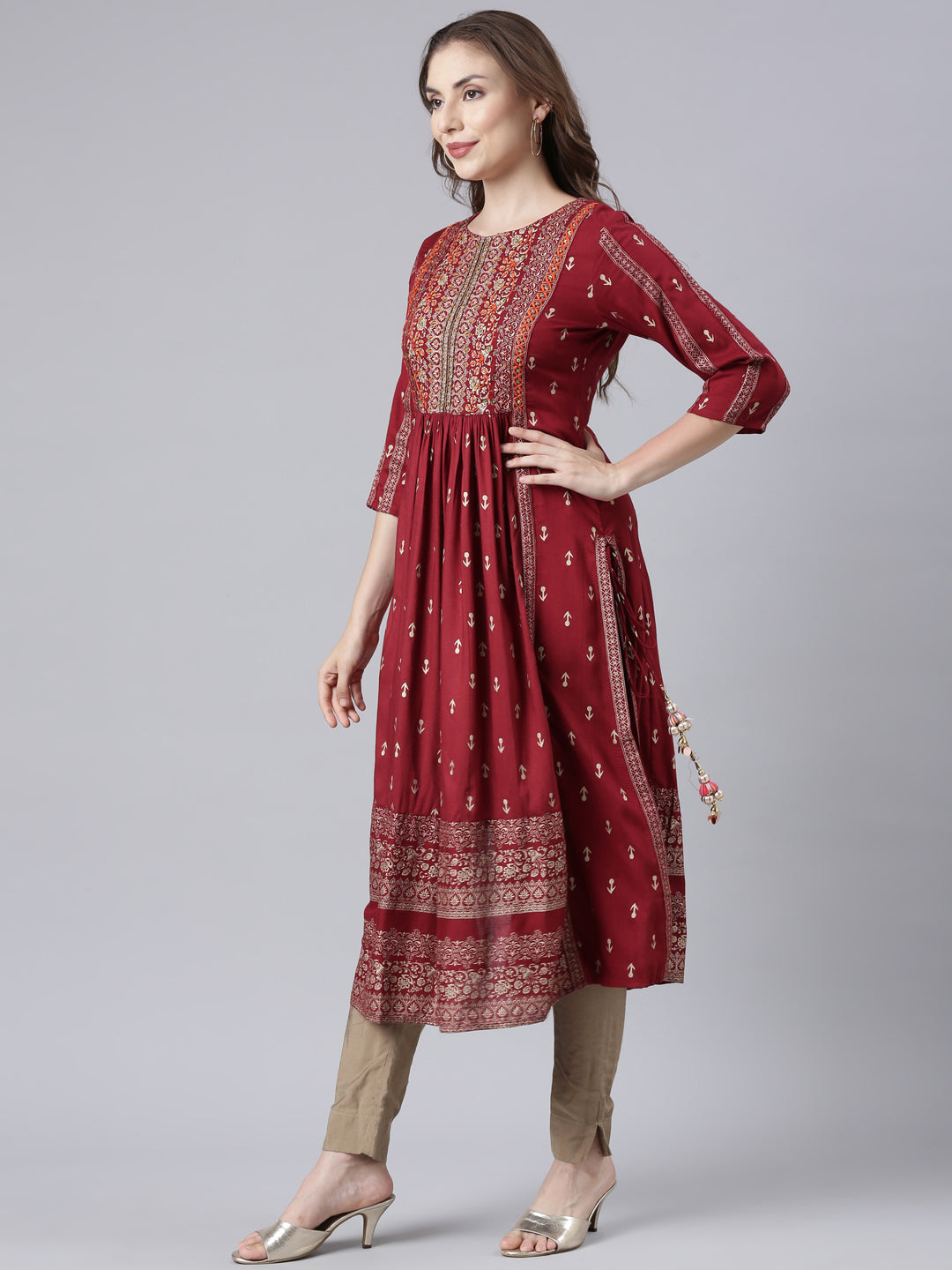 Neerus Maroon printed floral straight kurta - back view
