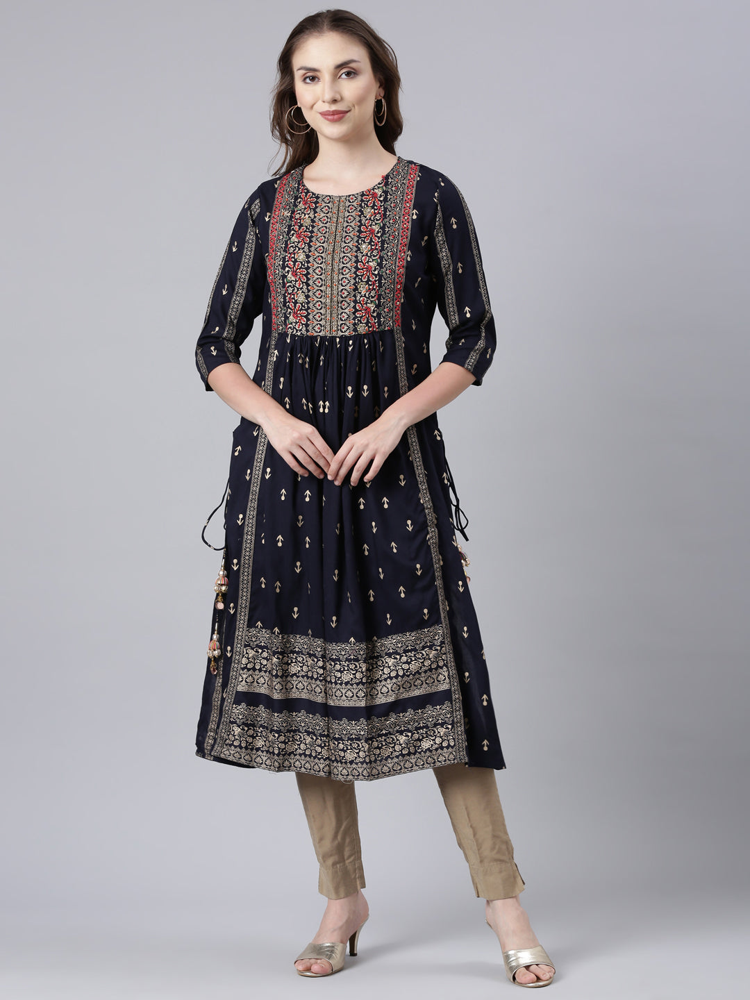 Neerus Blue floral printed straight kurta - front view