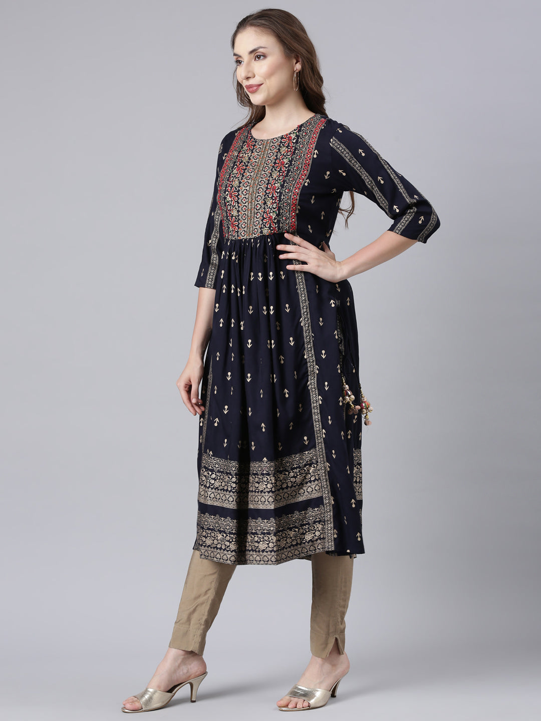 Neerus Blue floral printed straight kurta - back view