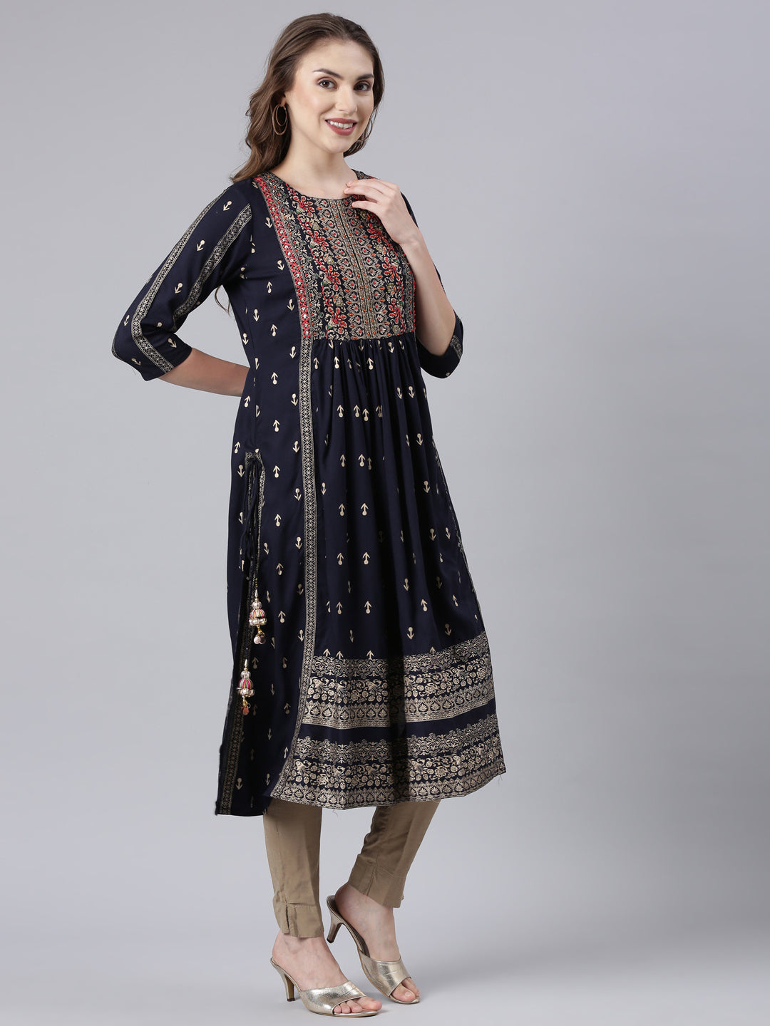 Neerus Blue floral printed straight kurta - side view