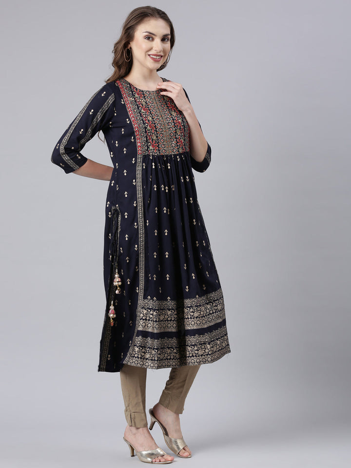 Neerus Blue floral printed straight kurta - side view