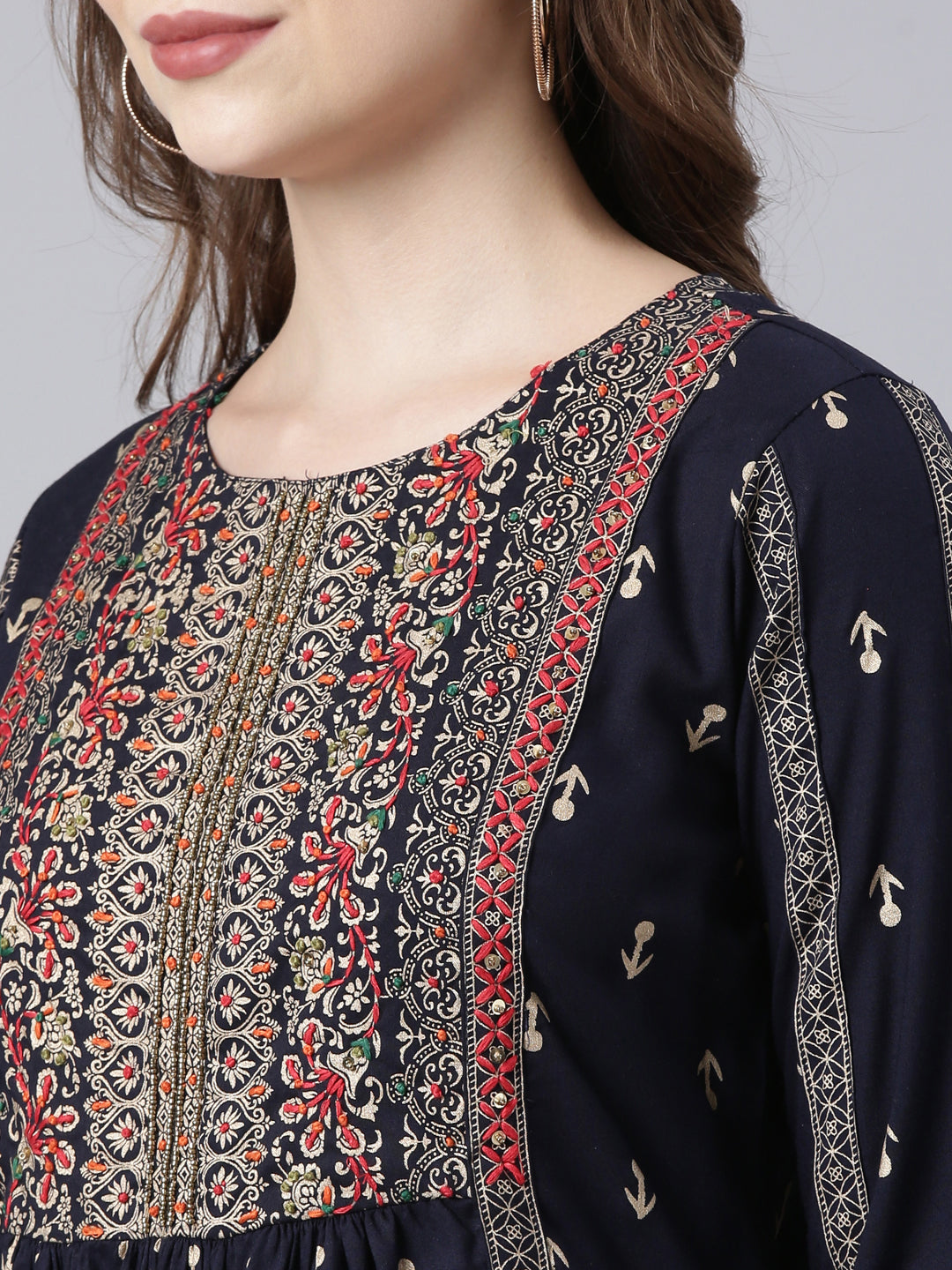 Neerus Blue floral printed straight kurta - detail view 2