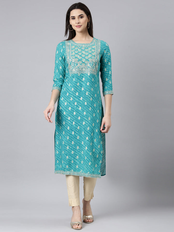 Neerus Blue striped printed straight kurti - front view