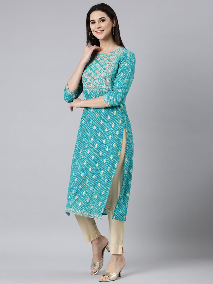 Neerus Blue striped printed straight kurti - back view