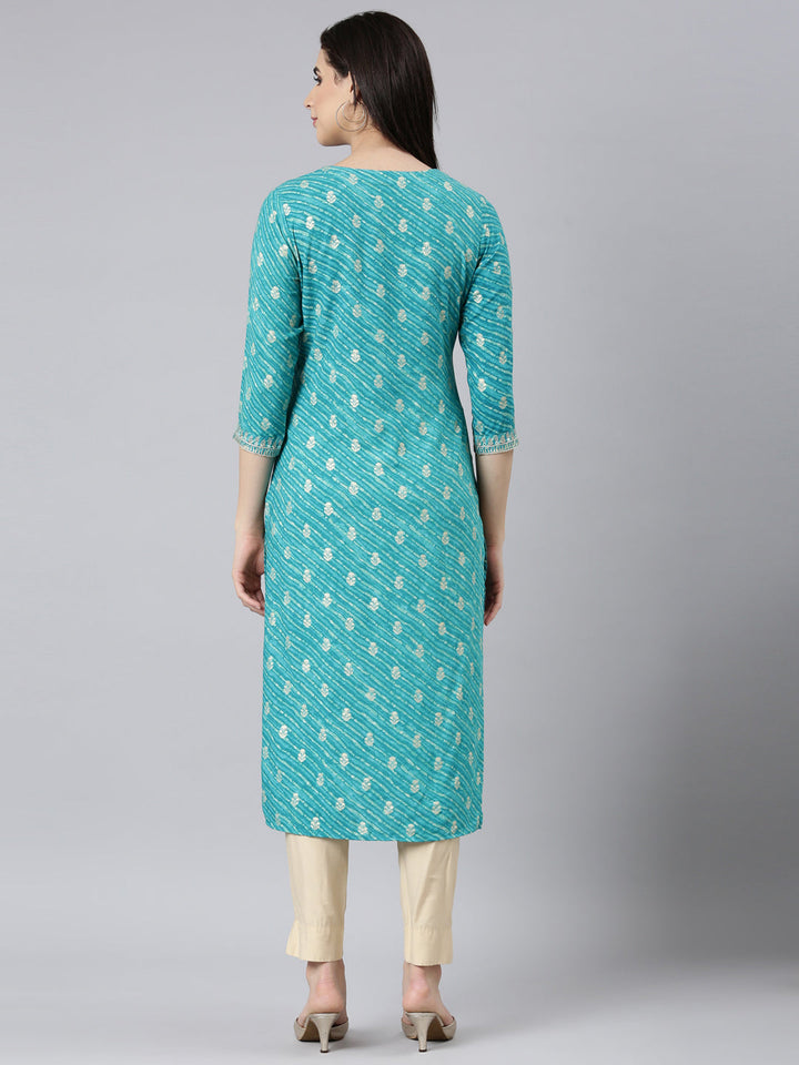 Neerus Blue striped printed straight kurti - side view