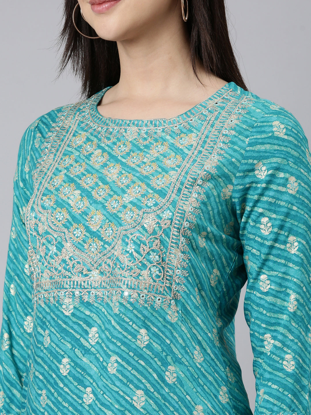 Neerus Blue striped printed straight kurti - detail view 1