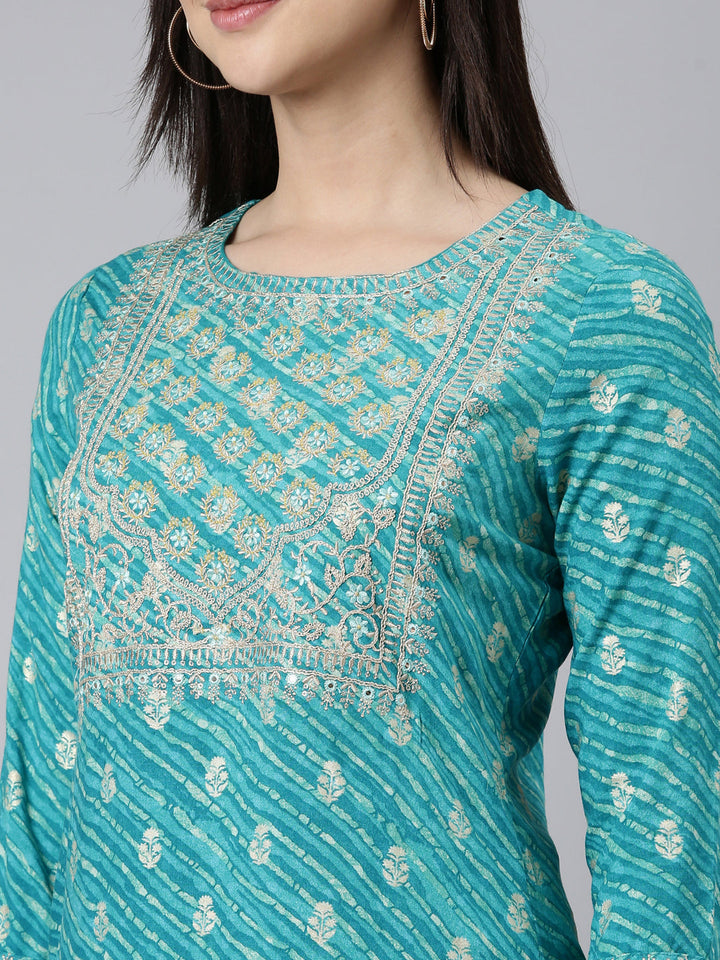 Neerus Blue striped printed straight kurti - detail view 1