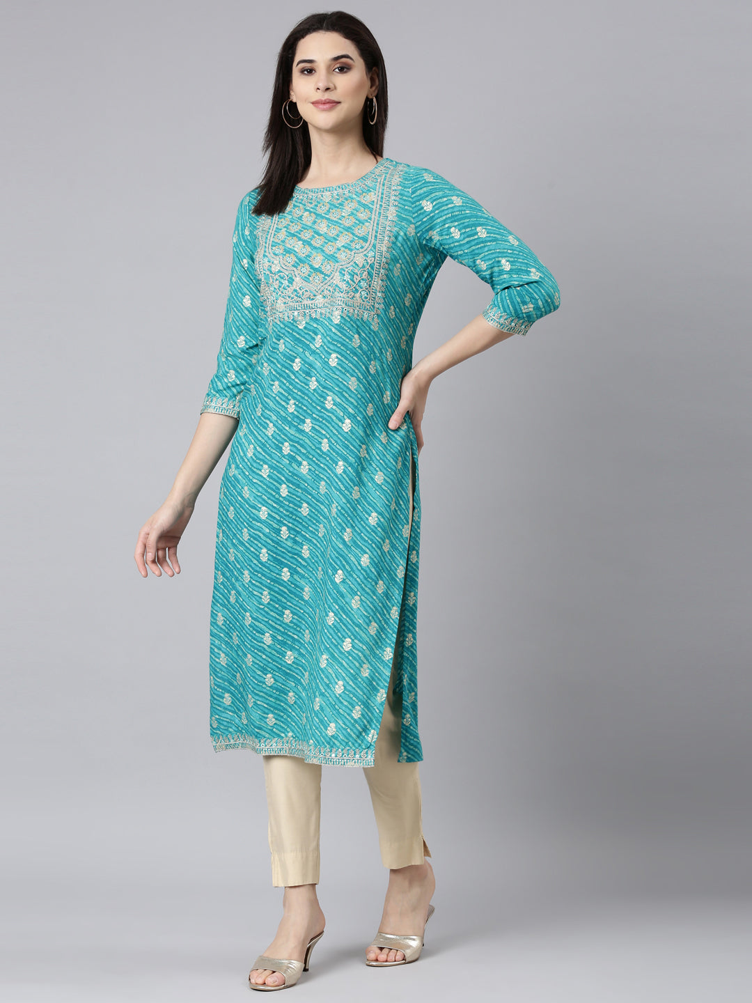 Neerus Blue striped printed straight kurti - detail view 2