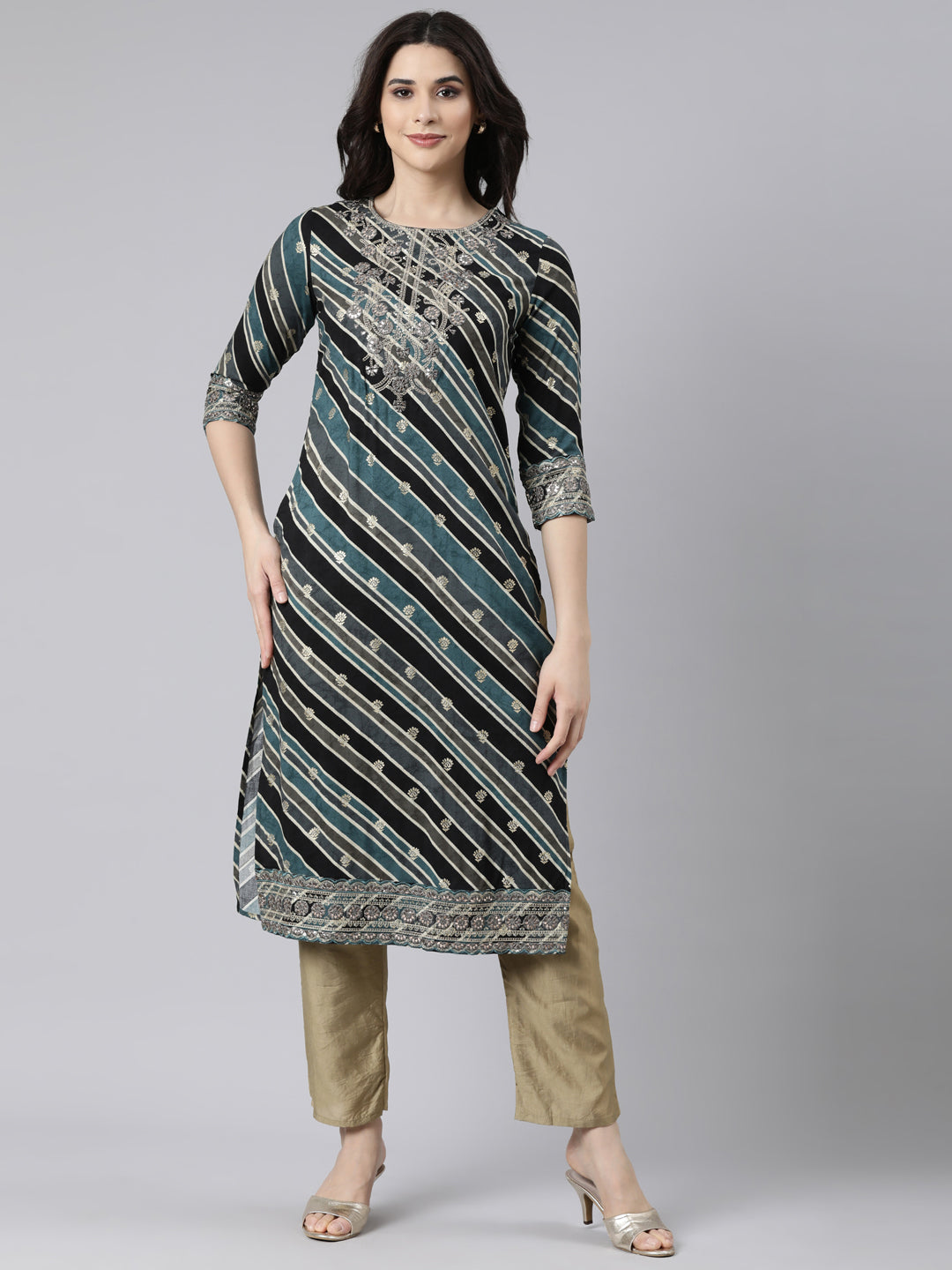 Neerus Grey striped printed straight kurti - front view