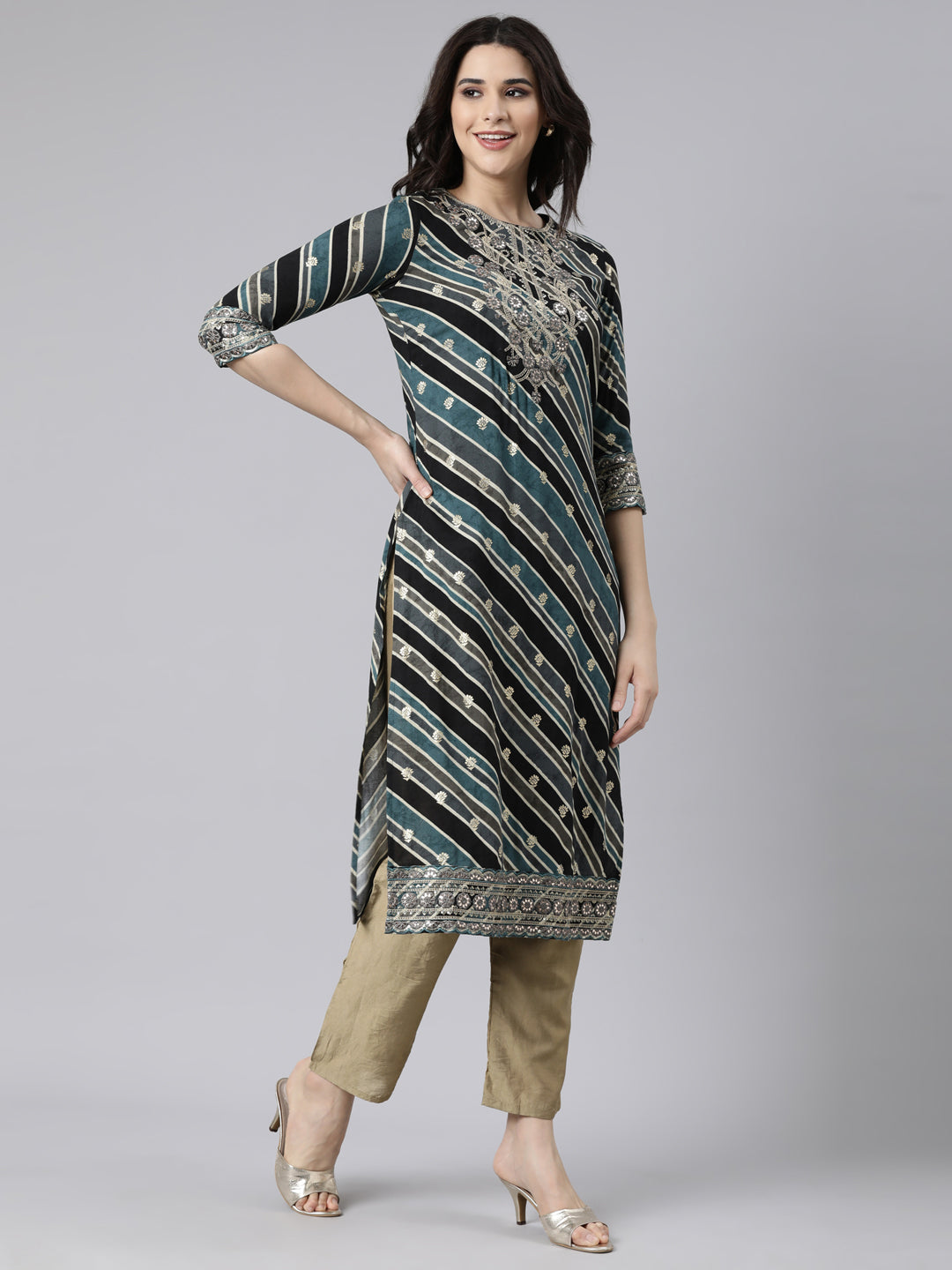 Neerus Grey striped printed straight kurti - back view