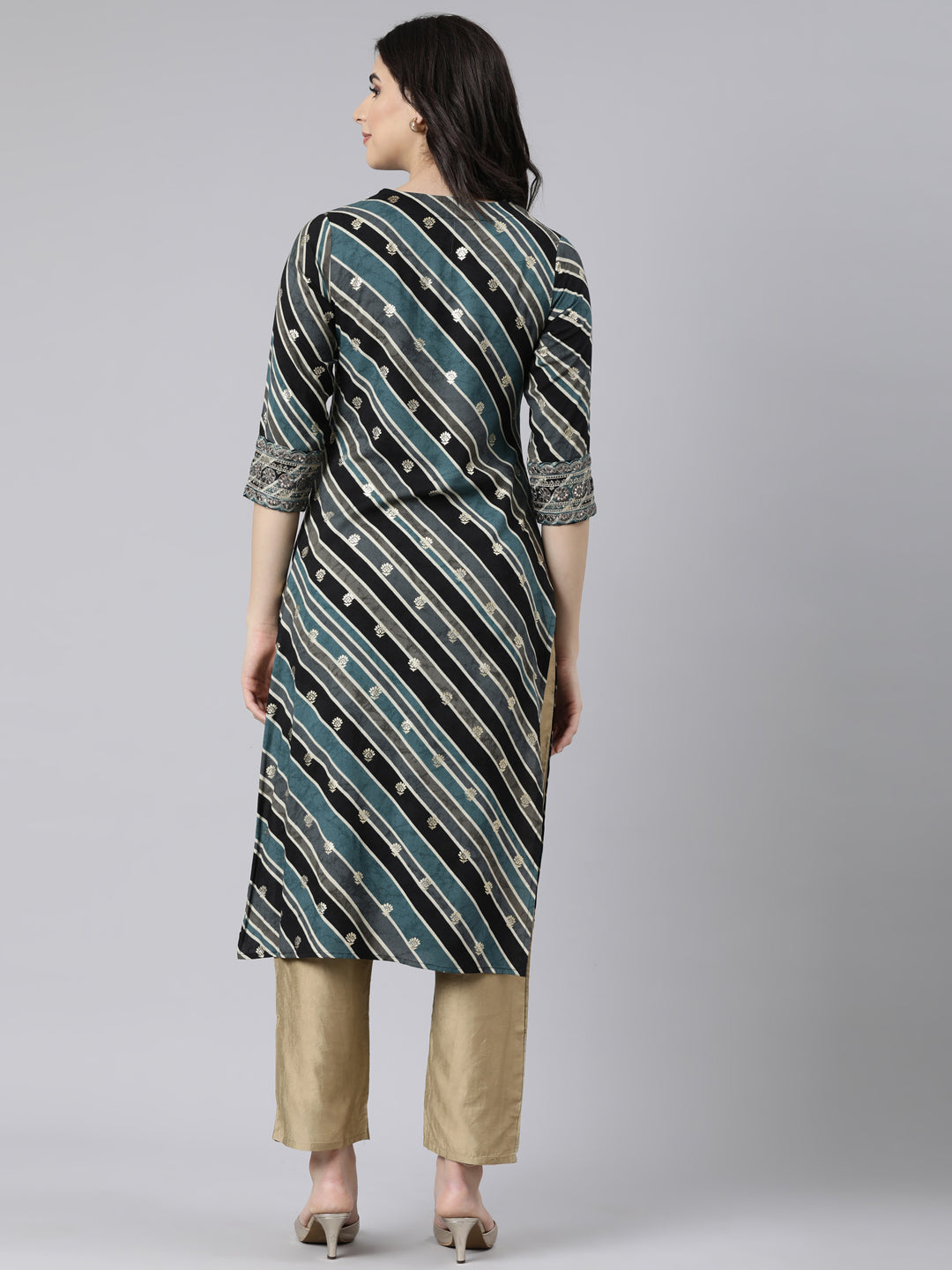 Neerus Grey striped printed straight kurti - side view