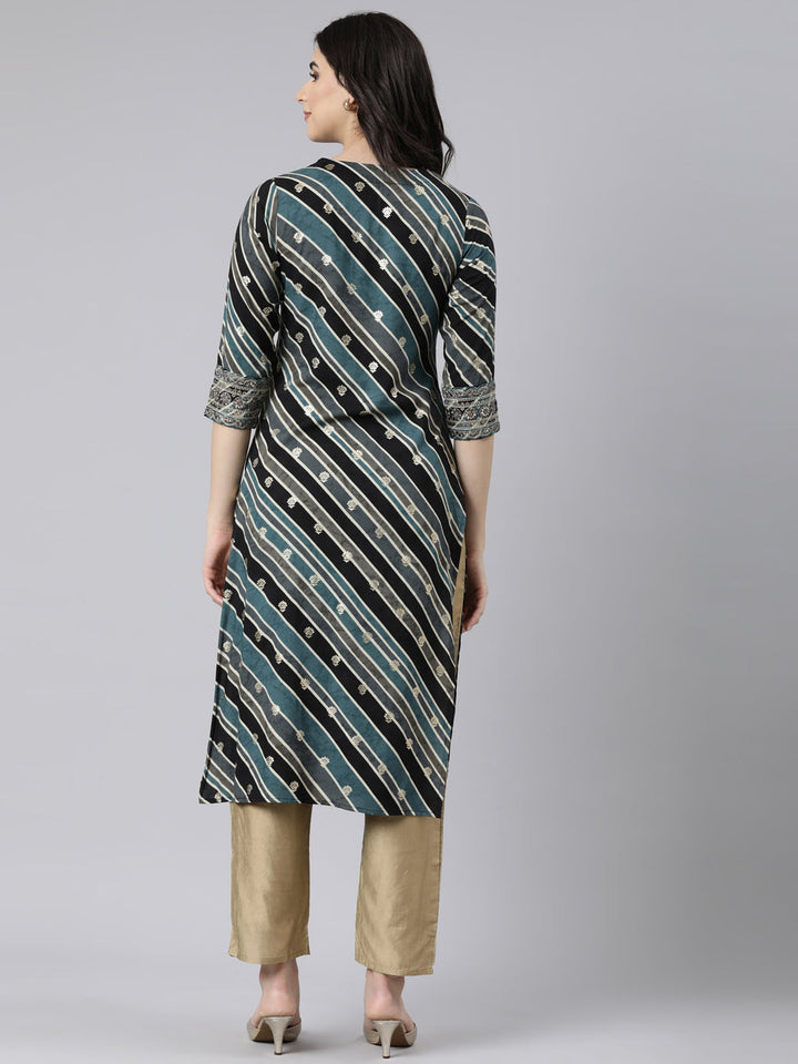 Neerus Grey striped printed straight kurti - side view
