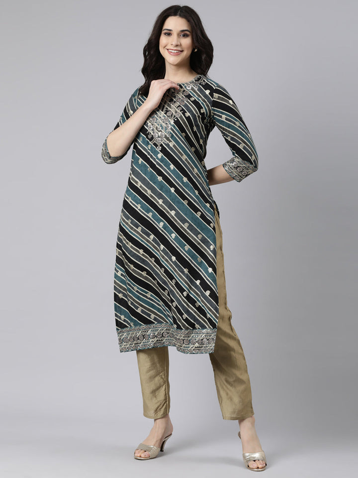 Neerus Grey striped printed straight kurti - detail view 1