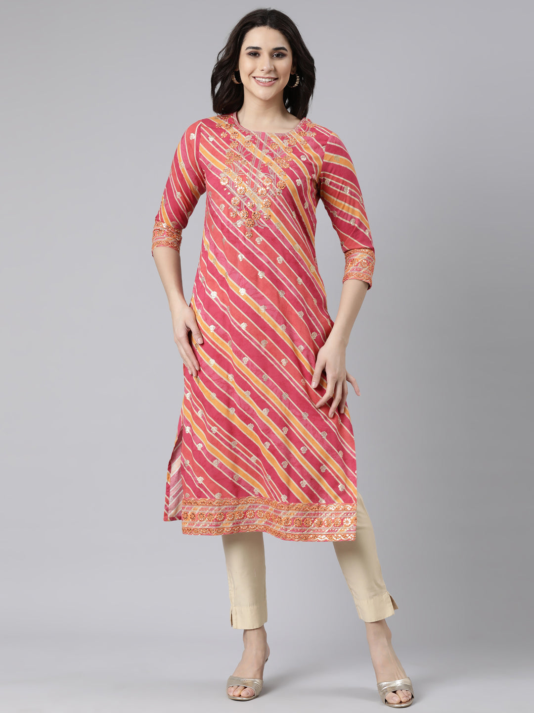 Neerus Pink rayon printed straight kurti panelled - front view