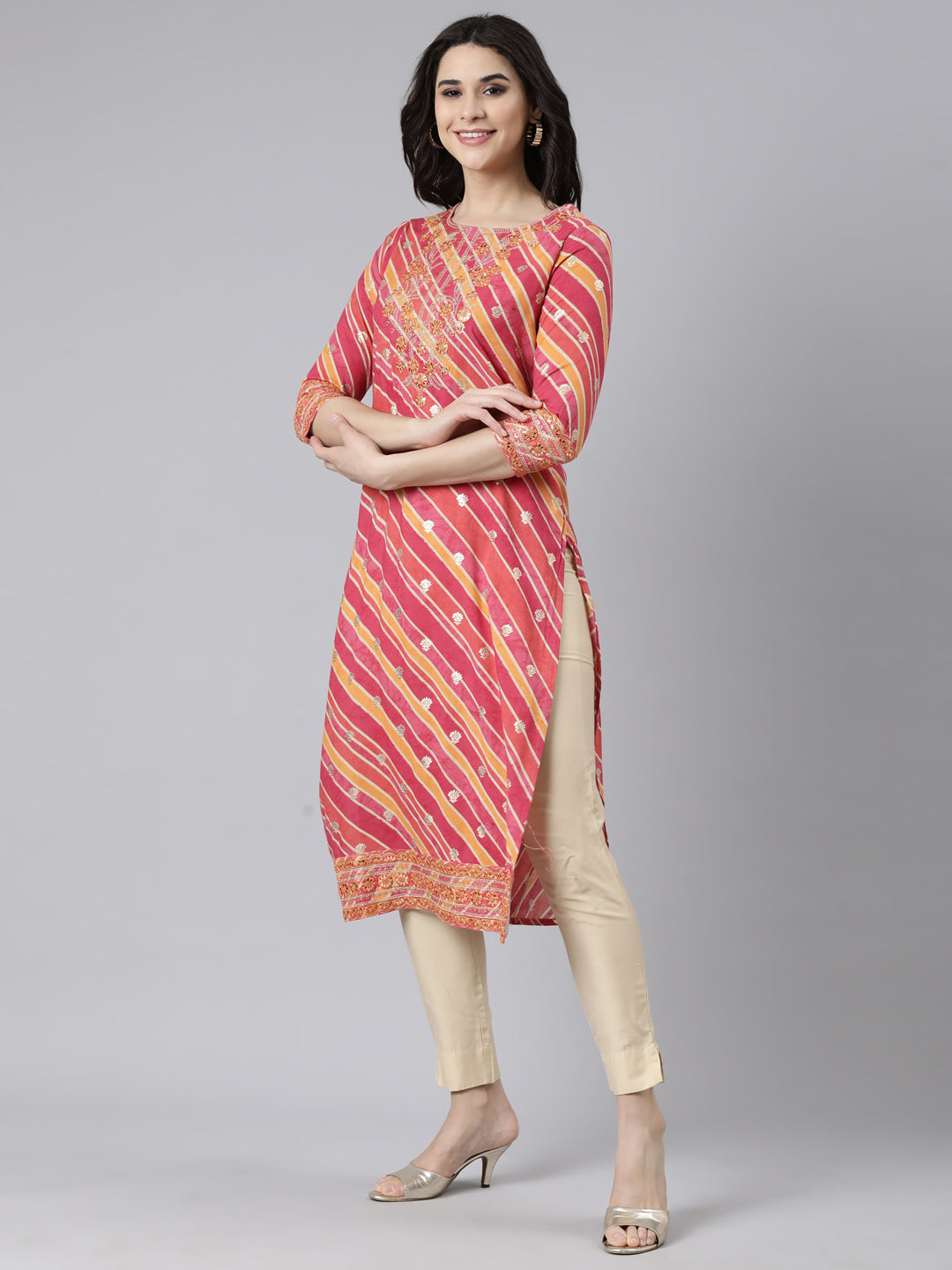 Neerus Pink rayon printed straight kurti panelled - back view
