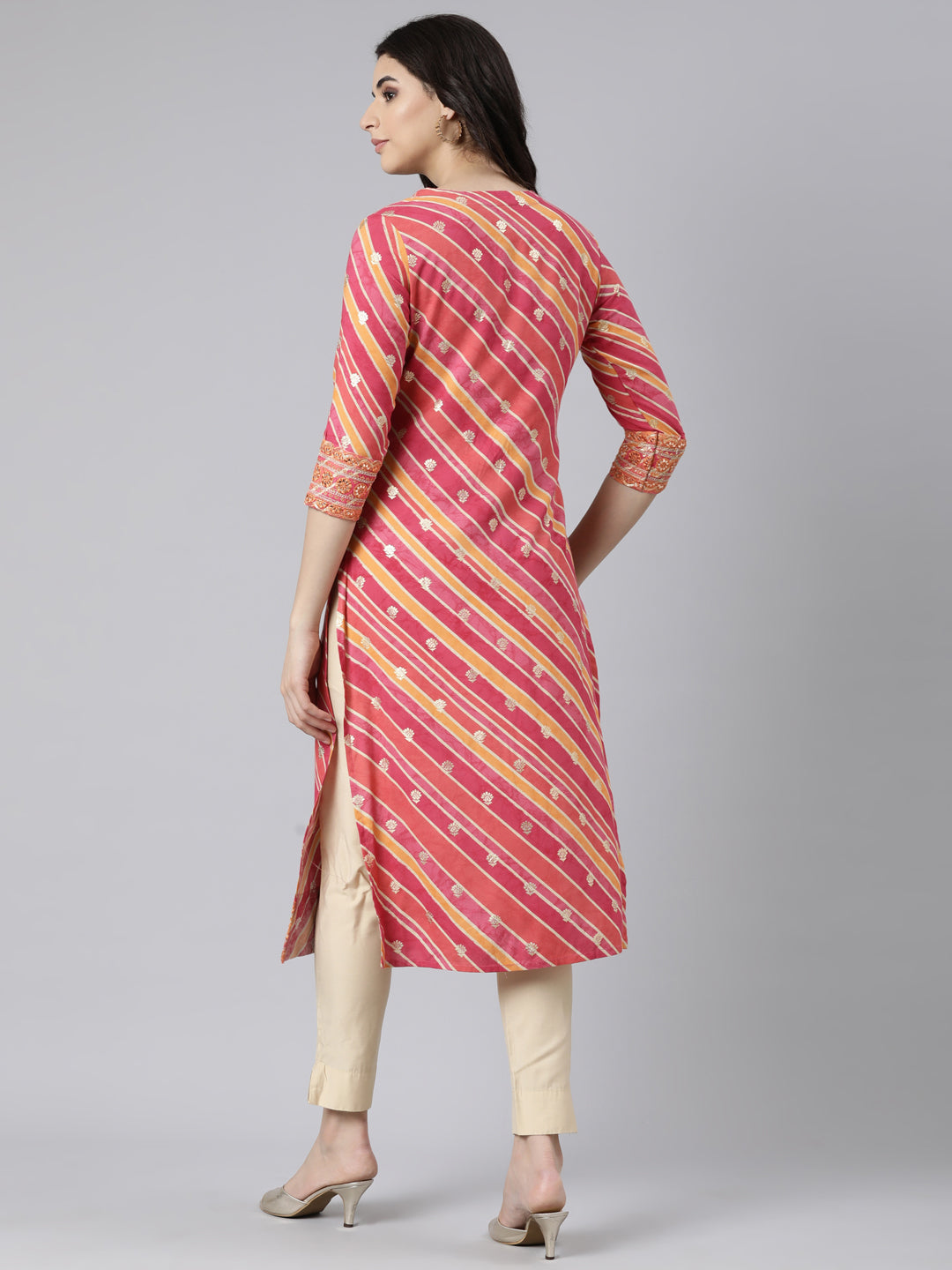 Neerus Pink rayon printed straight kurti panelled - side view