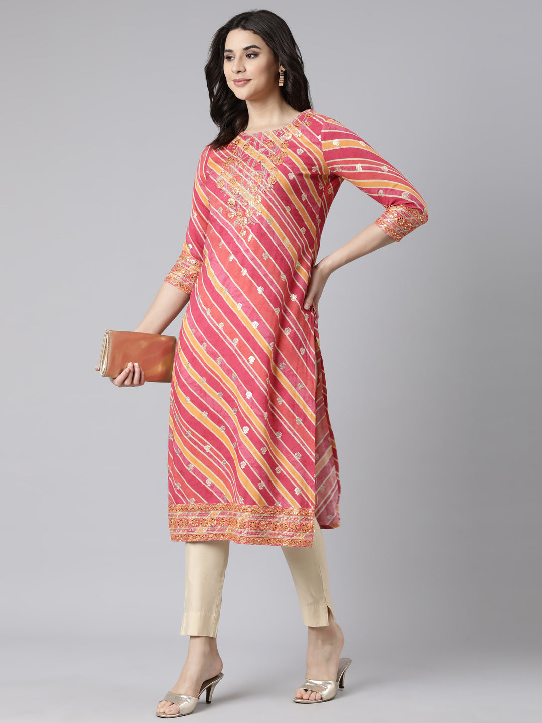 Neerus Pink rayon printed straight kurti panelled - detail view 2