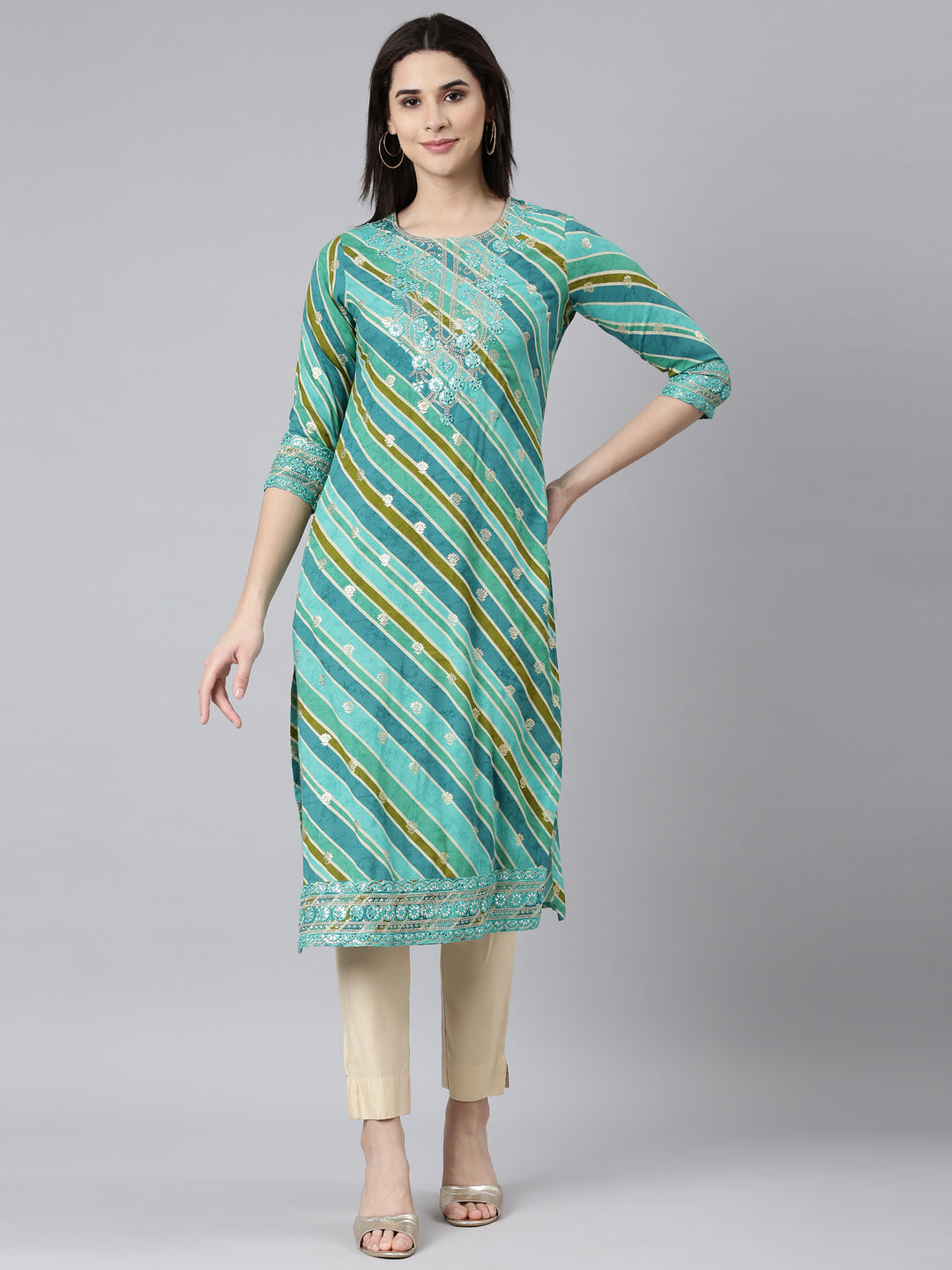 Neerus Green Rayon Printed Straight Kurti - front view